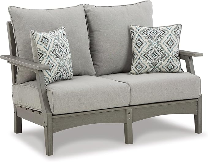 Signature Design by Ashley Outdoor Visola Patio HDPE Loveseat with Nuvella Throw Pillows, Gray
