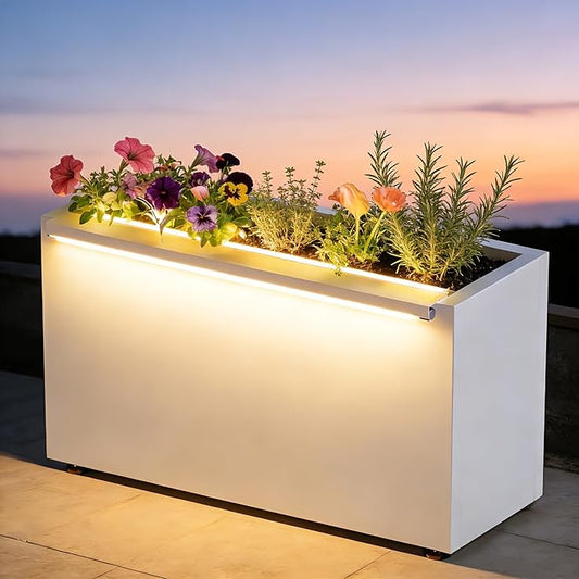 GSK 30" L White LED Metal Planter with Light Outdoor Illuminate Magnetic 3000K Lighting Strips Rectangular Flower Box Rectangle Trough Drainage Holes Indoor Patio Balcony Garden