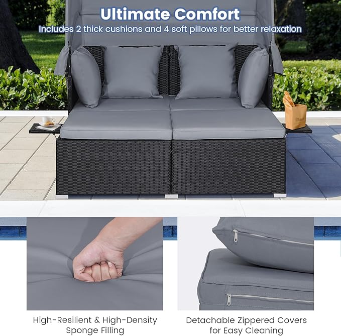 RELAX4LIFE Patio Outdoor Daybed with Canopy, Wicker Sunbed w/Cushions, 4 Pillows & 2 Retractable Side Trays, 2-Person Lounge Bed Conversation for Poolside Porch Garden, Rattan Outdoor Bed (Grey)