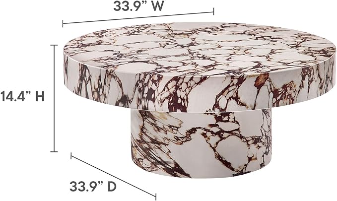 Modway Alora Round Concrete Coffee Table with Faux Stone Finish in Red Marble - Cement Accent Table for Living Room - Stone Patio Center Table - Indoor Outdoor 34 Inch Low Coffee Table