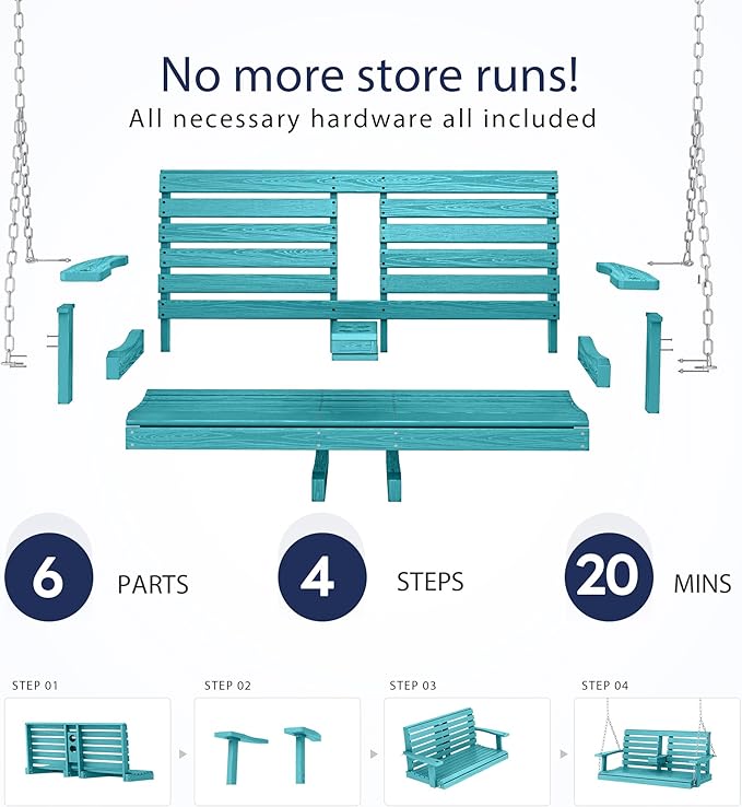 KINGYES Outdoor Hanging Patio Swing Set, 2 Seat Swing Chair with Cup Holders, Waterproof Bench for Courtyard & Garden, 660LBS Weight Capacity, Aruba Blue