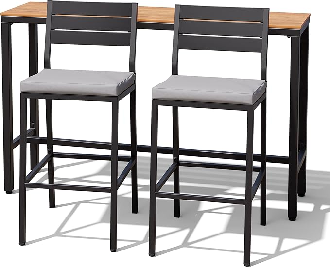 Crestlive Products Outdoor Bar Table and Chairs Set, 3 Piece Outside Patio Bar Set with 55" Long Bar Table and 2 Bar Stools for Balcony, Bistro, Garden, Backyard(Brown Desktop and Light Gray Cushion)
