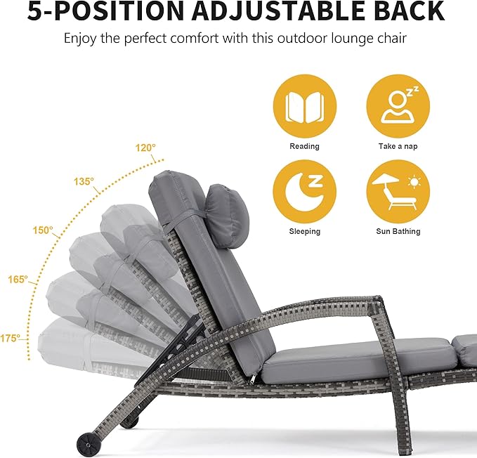 HOMREST Chaise Lounge Chairs Set of 2, PE Rattan Wicker Patio Lounge Chair with Adjustable 5 Position, Arm and Wheels for Poolside Backyard Deck Porch,Grey