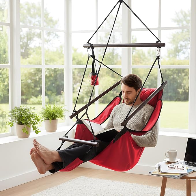 ONCLOUD Hammock Chair Hanging Swing Seat Air Deluxe Rope Through Beech Wood Bars, Drink Holder & Fuller Pillow Safer Relax for Indoor Outdoor 250Lbs, Red