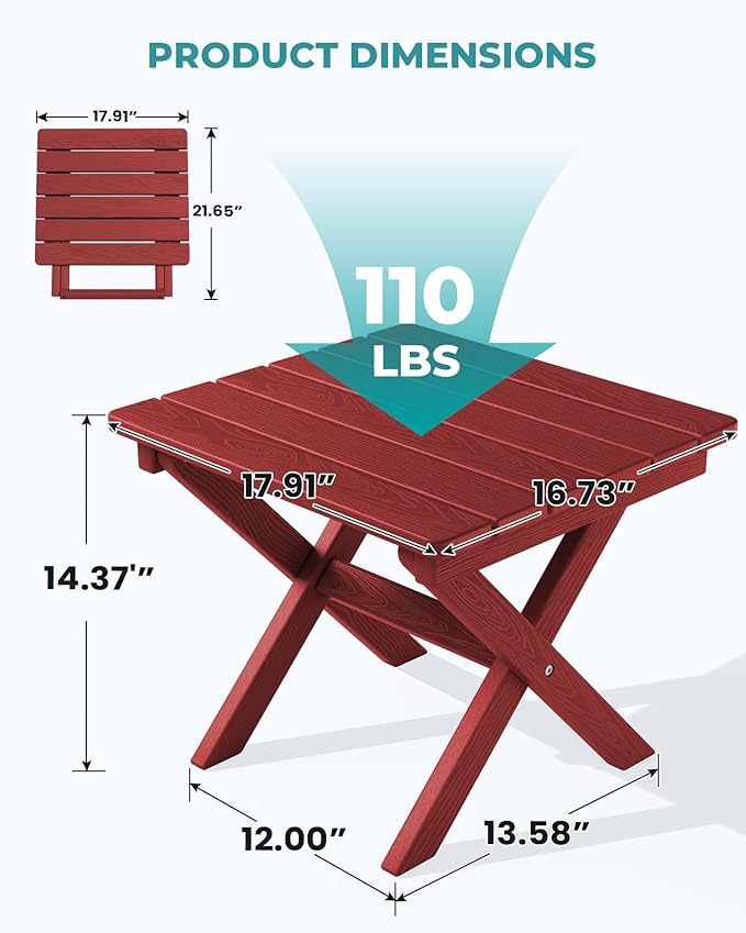 SERWALL Folding Outdoor Side Table Set of 6, Adirondack End Table, Red