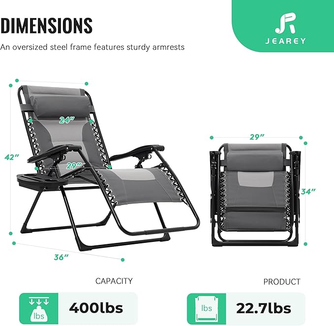 JEAREY Oversized Padded Zero Gravity Chairs Set of 2, Folding Lounge Chair Outdoor Patio Recliner, Anti Gravity Chair for Backyard - Gray/Light Gray