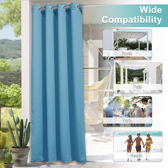 NICETOWN Outdoor Curtain for Patio Waterproof, Silver Stainless Steel Grommet Blackout Sunlight Blocking Outside Inside Living Divider for Balcony/Pool, 1 Panel, W52 x L84, Teal Blue