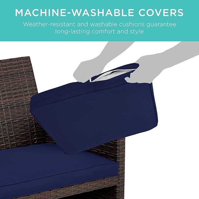 Best Choice Products 4-Piece Outdoor Wicker Patio Conversation Furniture Set for Backyard w/Coffee Table, Seat Cushions - Brown/Navy