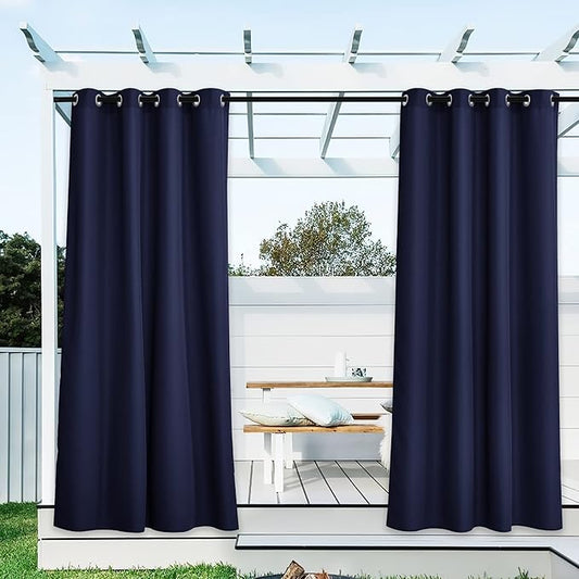 NICETOWN Outdoor Curtains for Patio Waterproof Extra Long W55 x L108 Inch, Thermal Insulated Stainless Steel Grommet Privacy Vertical Drapes for Porch/Yard, Set of 2, Navy Blue