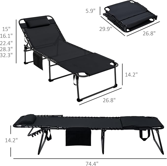 Outsunny Folding Chaise Lounge with 5-Level Reclining Back, Tanning Chair with Face Hole, Outdoor Lounge Chair with Side Pocket & Headrest for Beach, Yard, Patio, Black