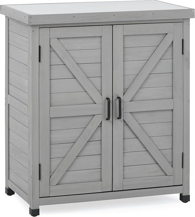 Outdoor Potting Bench with Storage Cabinet and Metal Top, Wood Workstation for Outdoor Patio, Garden (Classic Grey, 31x17x36‘’)