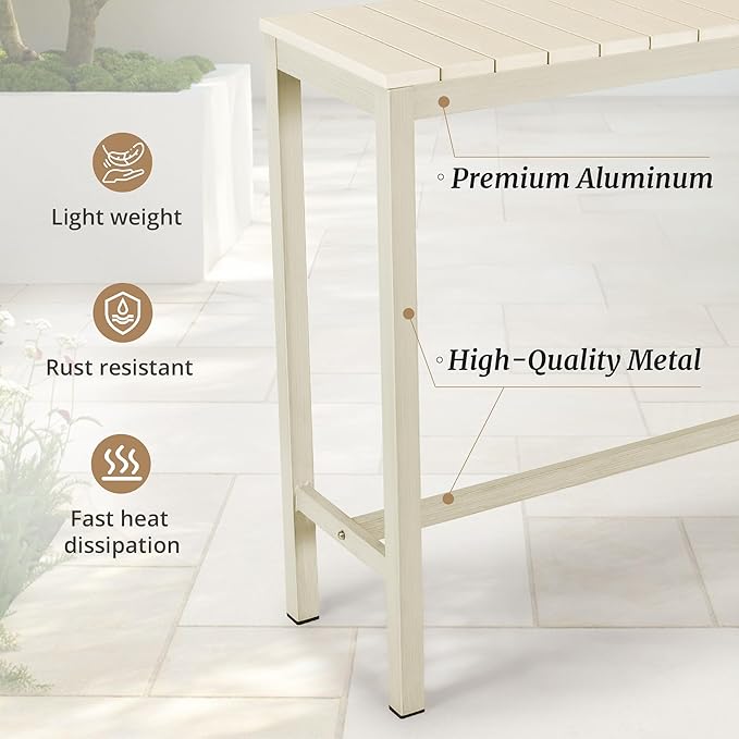 Outdoor Bar Table, 38" Patio Bar Height Counter Console Table, Waterproof HDPS Slatted Top, Weather Resistant, Hot Tub, Balcony, Yard, Indoor or Outdoor Use, Sand