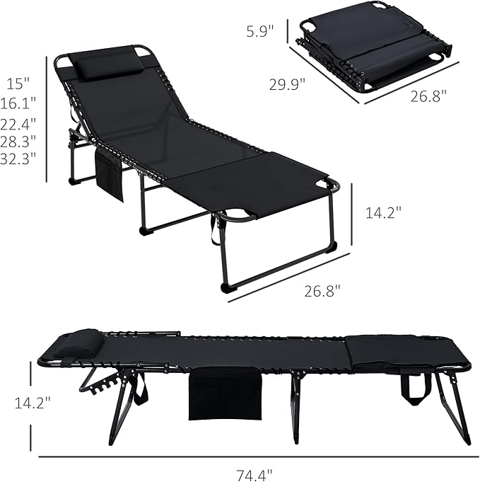 Outsunny 2 Piece Folding Chaise Lounge with 5-Level Reclining Back, Tanning Chair with Face Hole, Outdoor Lounge Chair with Side Pocket & Headrest for Beach, Yard, Patio, Black