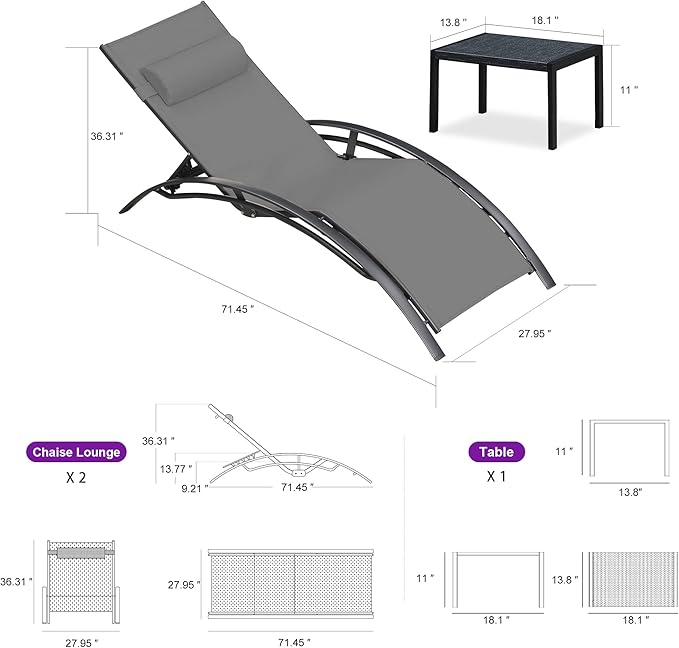PURPLE LEAF Patio Oversized Chaise Lounge Chair Set with Side Table Pool Adjustable Recliner Chairs for Outside Beach Outdoor Sunbathing Tanning Poolside Loungers