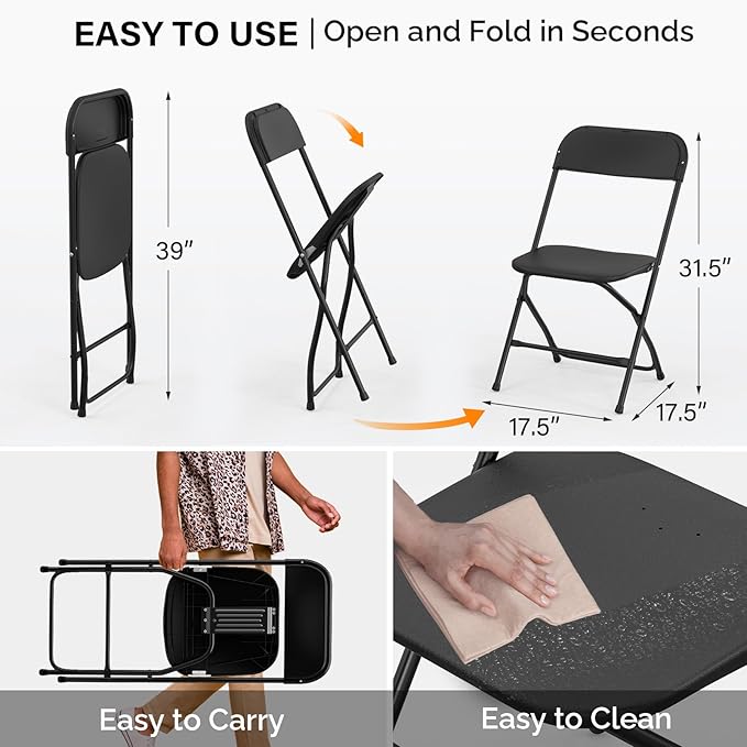 VINGLI 2 Pack Black Plastic Folding Chair, Indoor Outdoor Portable Stackable Commercial Seat with Steel Frame 350lb. Capacity for Events Office Wedding Party Picnic Kitchen Dining