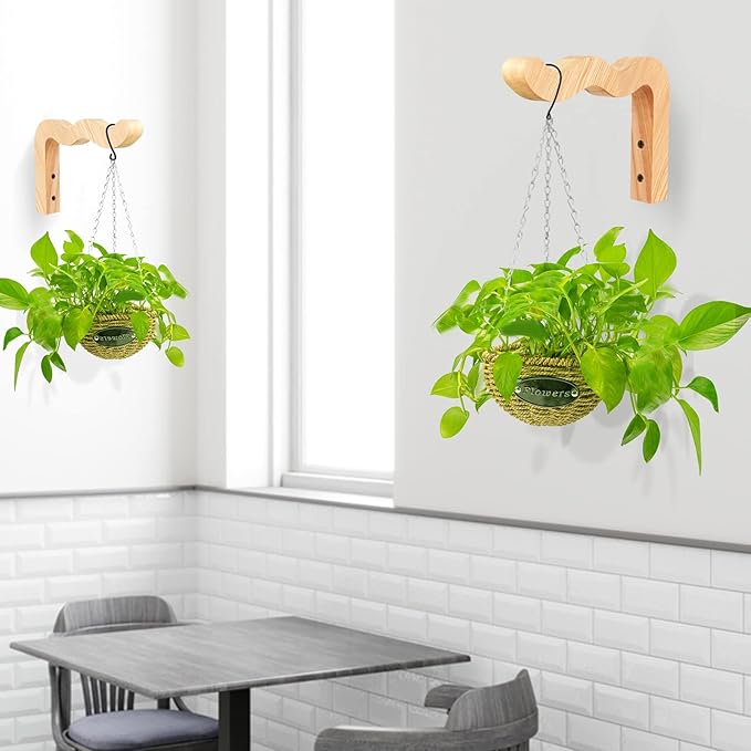 FGSAEOR Plant Hangers Outdoor, Hanging Plant Hooks for Indoors, Wave-Shaped Wooden Hanging Baskets for Wall Plant Hooks Heavy Duty for Flower Pots Wind Chimes and Bird Feeders (2-Pack, 6.8-Inch)