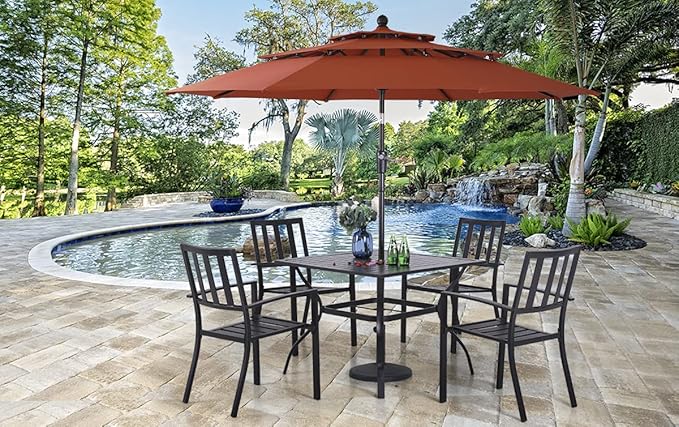 PHI VILLA 5 Piece Outdoor Dining Set with 10ft Umbrella, 37" Square Metal Dining Table & 4 Stacking Metal Chair with 3 Tier Red Umbrella for Patio, Deck, Yard, Porch