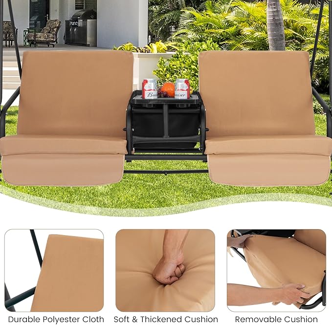 Tangkula 2 Person Porch Swing, Outdoor Swing with Pivot Storage Table, Cooler Bag, 2 Cup Holders, Removable Cushions, Patio Swing with Canopy for Backyard Balcony Poolside (Brown)