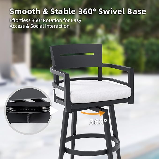 Modern 5PCS Outdoor Patio Bar Set, Rounded Square Sintered Stone Table & 4 Swivel Bar Chairs, Rust-Free Aluminum Frame, Ember Black, Marble-Inspired Top, Bearing Swivel Plate, Tapered Legs