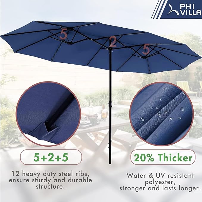 PHI VILLA 7 Pieces Outdoor Dining Set for 6 with Umbrella, 60" Long Metal Table & Stackable Iron Chairs with Cushions & 13ft Blue Umbrella, Modern Steel Furniture Set for Patio, Deck, Yard, Porch