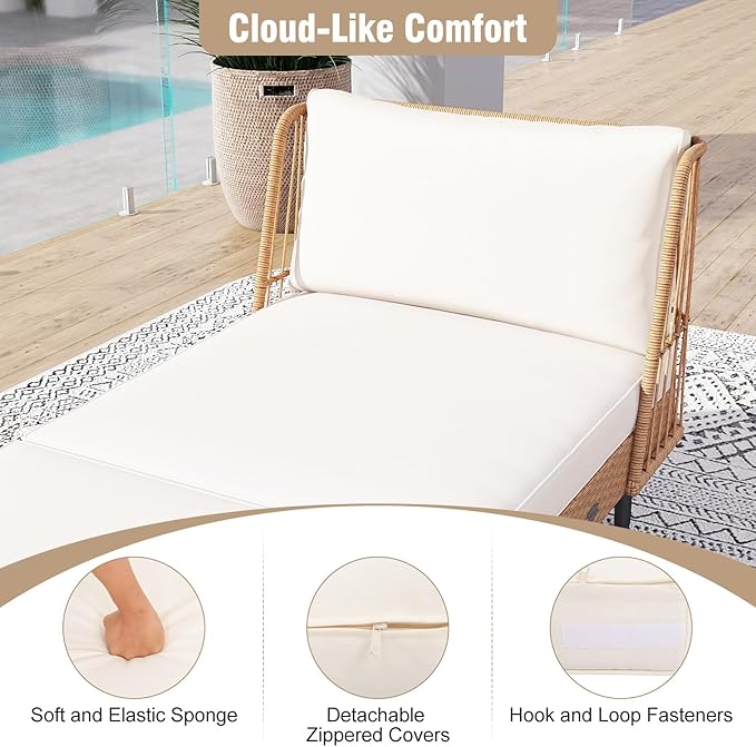 Tangkula Patio Rattan Daybed Set of 2, Boho Outdoor Wicker Lounge Sofa with Seat & Back Cushions, 2-Seat Bench Sun Lounger Chair with Robust Metal Legs for Deck, Backyard, Porch, Poolside (Off White)