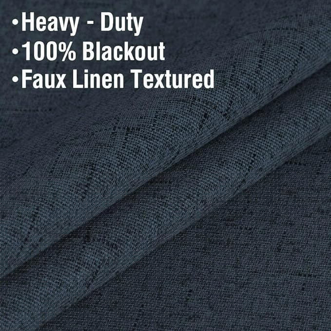 H.VERSAILTEX Linen Blackout Curtains 54 Inches Long 100% Absolutely Blackout Thermal Insulated Textured Linen Look Curtain Draperies Anti-Rust Grommet, Energy Saving with White Liner, 2 Panels, Navy