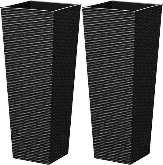 Greesum 24 Inch Tall Plastic Planters (Set of 2), Detachable Inner Pot & Drainage Holes, Outdoor Decorative Flower Pots for Large Plants, Trees, Patio, and Garden, Black