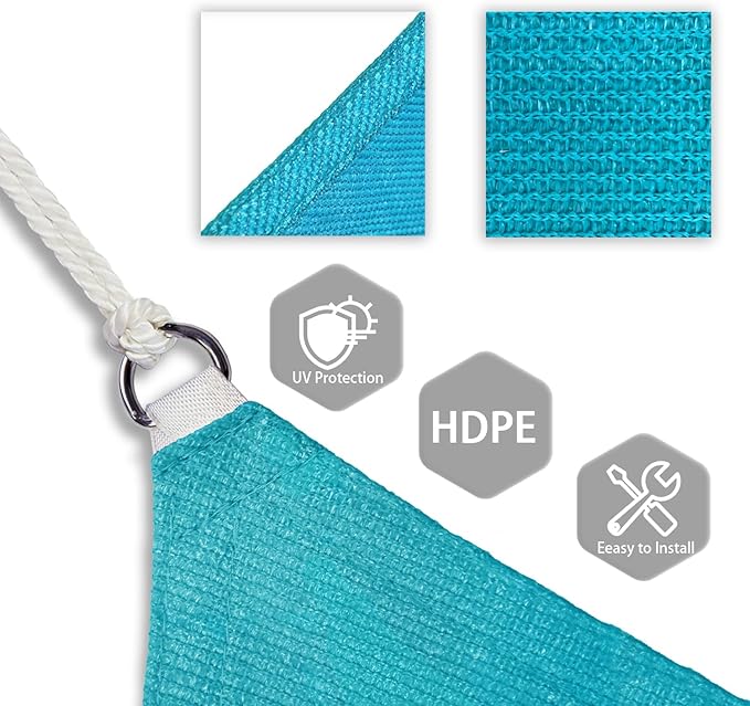 Patio Paradise 15' x 15' x 15' Sun Shade Sail Triangle Canopy Shade Cloth Fabric Sunlight Block Patio Pergola Cover HDPE Deck Awning for Outdoor Backyard Roof Shading, Turquoise