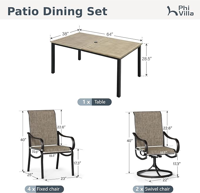 PHI VILLA Outdoor Dining Set for 6 Person, Wooden Texture Metal Table with Umbrella Holes and 2 Swivel & 4 Fixed Chairs All Weather Patio Table and Chairs for Deck Garden Yard