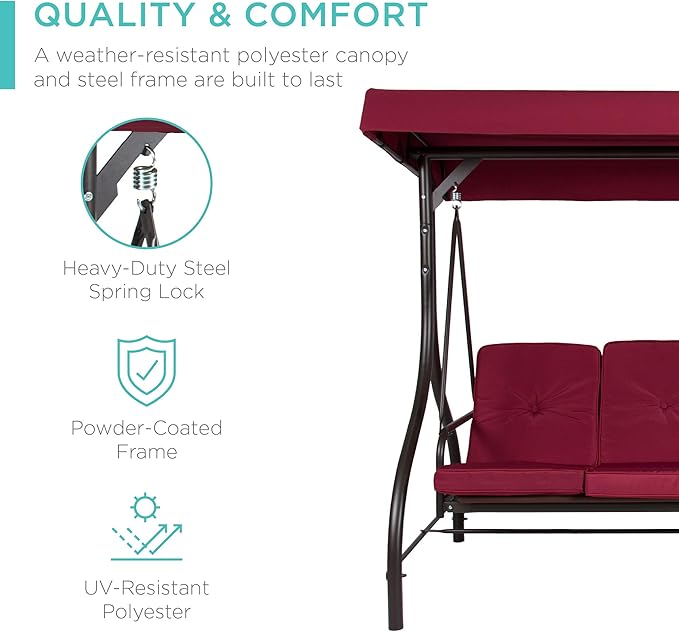 Best Choice Products 3-Seat Outdoor Large Converting Canopy Swing Glider, Patio Hammock Lounge Chair for Porch, Backyard w/Flatbed, Adjustable Shade, Removable Cushions - Burgundy