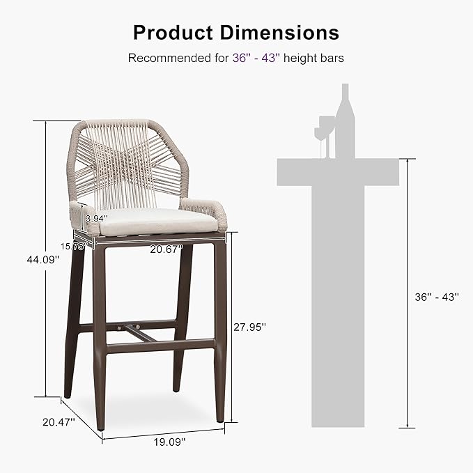 PURPLE LEAF Patio Bar Stool Bar Height Set of 2 Outdoor Rattan Chairs with Back Modern Aluminum Woven Barstools for Garden Indoor Kitchen Coffee