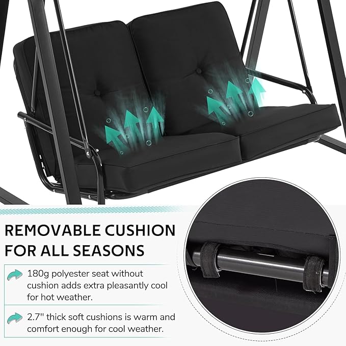AECOJOY 2-Seat Outdoor Patio Swing Chair with Cover, Porch Swings Chairs for Adult, Outside Swing Bench with Adjustable Canopy&Removable Cushion, Black