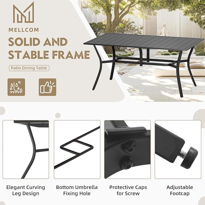 MELLCOM 7 Pieces Outdoor Dining Set, 6 Swivel Rocker Chairs with High Back Textilene & Rectangular Metal Dining Table with Umbrella Hole, Patio Furniture Set for Porch, Deck, Grey