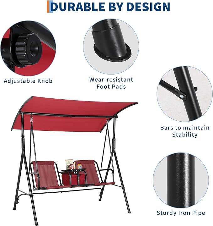 2-Person Porch Swing with Cup Holders, Pivot Storage Table & Cooler Bag, Adjustable Canopy, Black Steel Frame Outdoor Patio Swing for Backyard, Balcony & Poolside