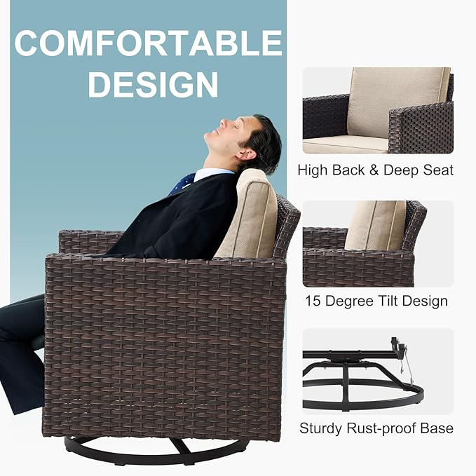 Belord Spacious 11 Pieces Patio Conversation Set - 5-Seater Outdoor Furniture Sectional Sets with Swivel Glider Chairs Set of 4 and Storage Box, Metal Top Coffee Table with Embedded Ottoman Brown