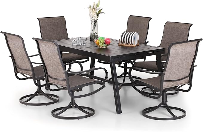 PHI VILLA 7 PCS Patio Dining Set, Outdoor Table and Chair Set with 6 Swivel Dining Chair, 1 Extandable Metal Table，Durable Frame and Breathable Textilene Fabric for Outside, Poolside