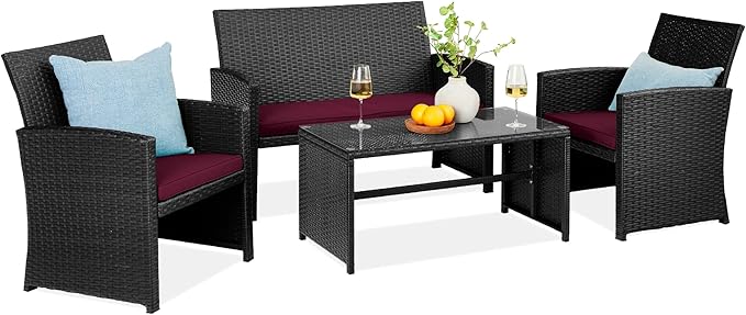 Best Choice Products 4-Piece Outdoor Wicker Patio Conversation Furniture Set for Backyard w/Coffee Table, Seat Cushions - Black/Deep Burgundy