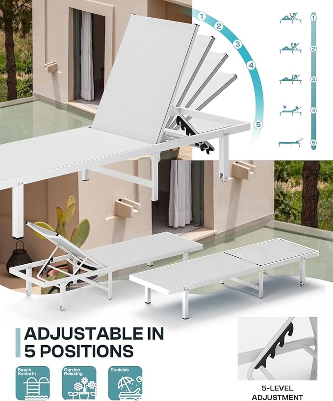 Aluminum Outdoor Lounge Chairs Set of 2, Pool Lounge Chairs with Wheels and 5-Position Recliner -Easy to Move- Patio Chaise Lounge Outdoor for Poolside, Deck, Beach (White)