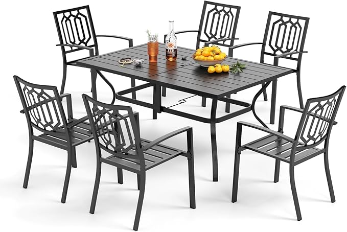PHI VILLA 7 Piece Outdoor Dining Set for 6, 60” Rectangular Metal Steel Table with Umbrella Hole & Stackable Chairs, Heavy-Duty Furniture Set for Patio, Deck, Yard, Porch - Black