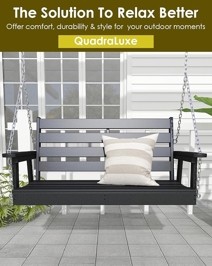 GREENVINES Porch Swing | 51’’ | HDPE Plastic | for Outdoor Patio | All Weather | Waterproof Bench Swings | w/ 4 Stainless Steel Chains | Black