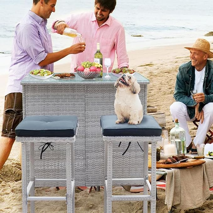 Wicker Patio Bar Set of 3-Piece, Rattan Bistro Set with stools and Coffee Table, Patio Bar Table and Chairs for Backyard, Porches or Poolside