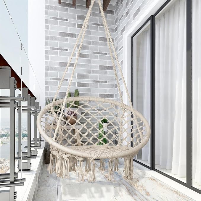 Sonyabecca LED Macrame Hammock Hanging Swinging Chair, Indoor/Outdoor Hanging Chair with 472" LED String for Bedroom, Patio, Deck, Yard, and Garden, Comfy Large Size 55x75 cm (No Stand)