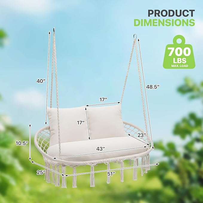 Magshion Double Hammock Swing Chair with 3 Cushions, 700 lbs Capacity, Macrame Hanging Bench for Indoor & Outdoor Use, Cotton Woven Mesh Porch Hanging Rope Swing, Beige