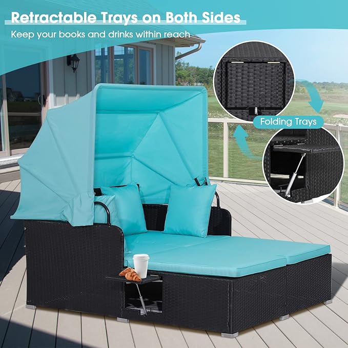 Moccha Outdoor Daybed with Retractable Canopy, Wicker Cabana with 2 Side Tables & Soft Cushions ,Hand-Woven PE Rattan Bed Lounger, Patio Sectional Furniture Set for Garden Backyard Porch (Turquoise)