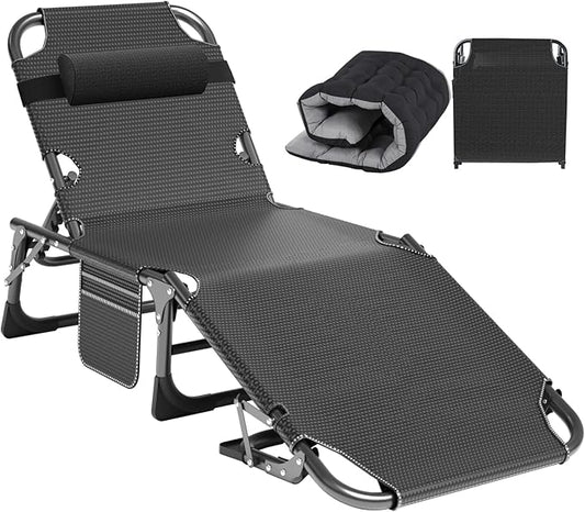 ABORON Heavy Duty Tanning Chair, 5-Gear Outdoor Folding Chaise Lounge Chair with Cushion,Portable Beach Lounge Chair for Outdoor Sunbathing Patio Pool Lawn Deck Poolside