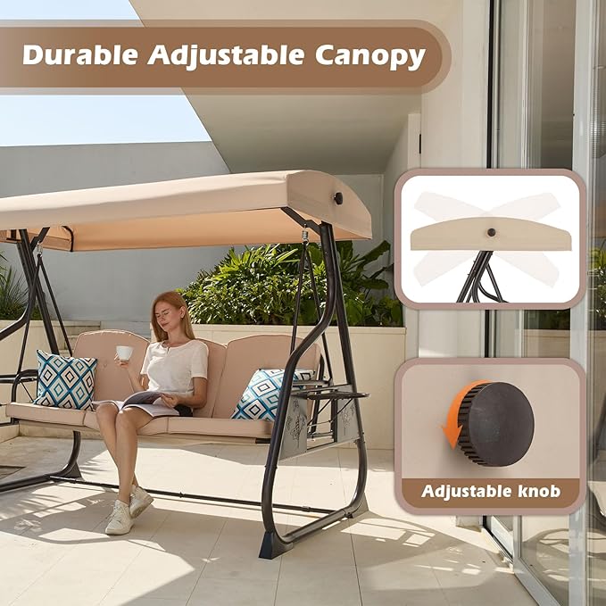 3-Seat Patio Porch Swing 800LBS Outdoor Swing with Stand w/Canopy & Adjustable Backrest Patio Glider Chair w/Removable Pillows & Foldable Side Tray for Balcony Garden Deck (Khaki)