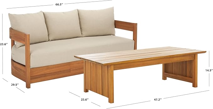 SAFAVIEH Outdoor Patio Furniture Collection - Kento Natural Wood 3-Seater Sofa with Taupe Cushions, Wide & Comfortable Deep Seating, Modern Design (PAT7098A)