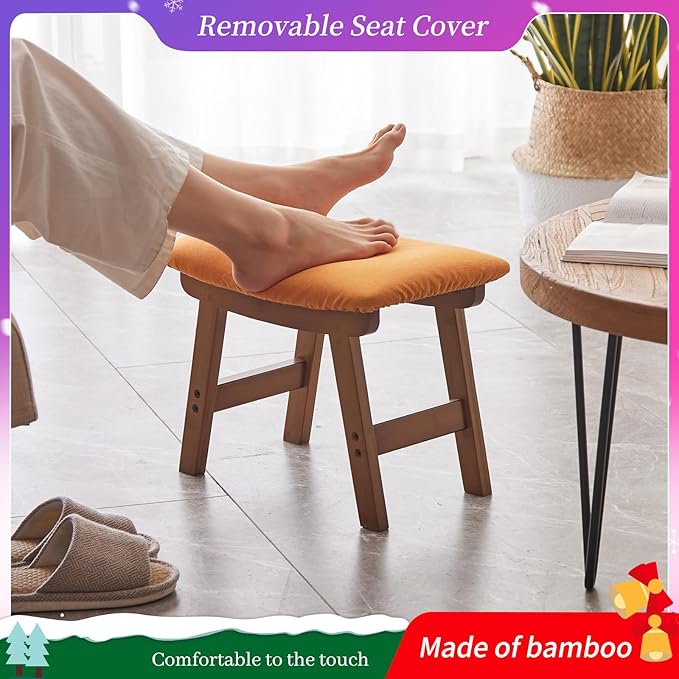 Foot Stool,Ottoman,Bamboo Small Sofa Foot Rest Under Desk,Extra Seating for Living Room, Bedroom and Kitchen(Brown Stool Legs - Orange Surface)