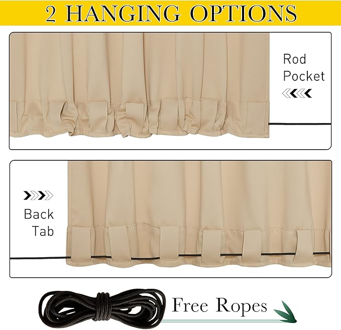 NICETOWN 2 Panels Outdoor Patio Curtains Windproof & Waterproof, Top & Bottom Grommet & Back Tab Light Blocking Drapes Keep Privacy for Yard/Porch with Ropes for Fixed, Biscotti Beige, W46 x L72