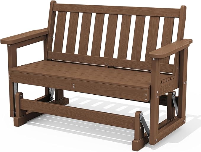 SERWALL 2 Person Patio Glider Rocking Chair, HDPE Material Weather-Resistant Swinging Bench for Outdoor Porch Garden, Brown